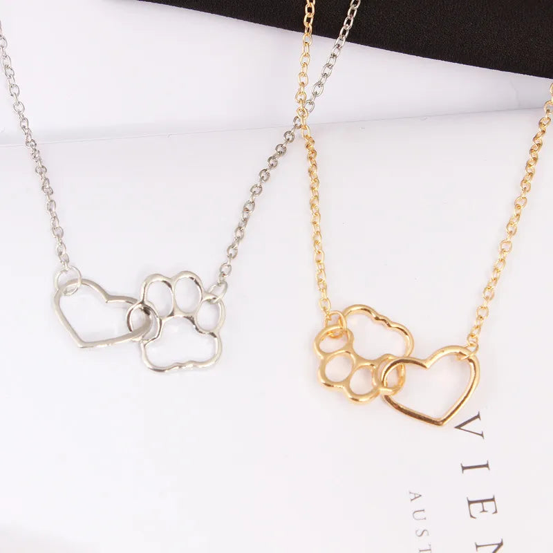 Hollow Pet Paw Footprint And Love Heart Pendant Necklaces