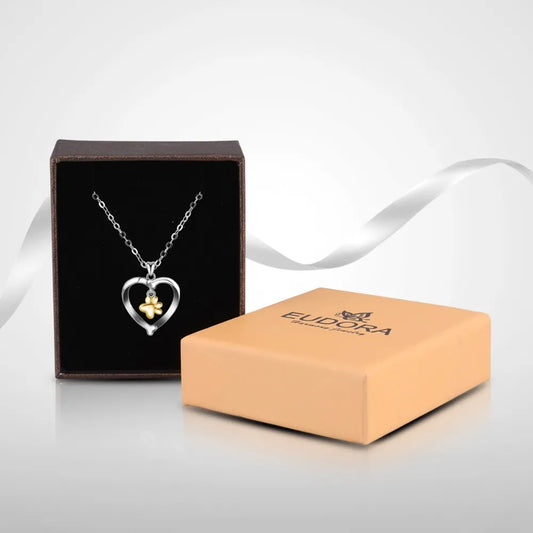 Paw Pendant inside Heart pendand Sterling Silver Necklace with Gift Gox