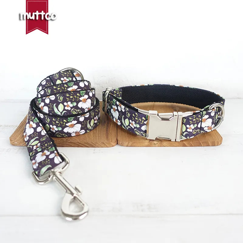 MUTTCO retailing fashion handmade soft  engraved pet name dog collar - THE CHRYSANTHEMUM dog collar