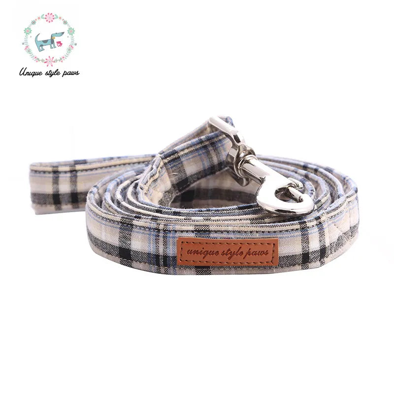 White Plaid Cotton Dog Collar with Bow Tie and Leash Set Plastic Buckle Dog & Cat