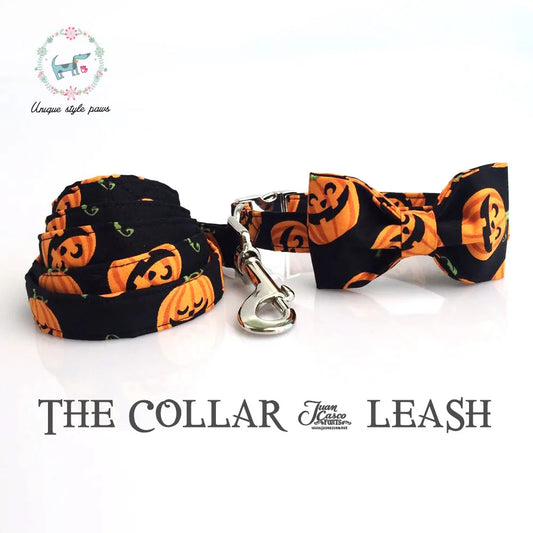 Halloween pumpkin collar and leash set with bow tie