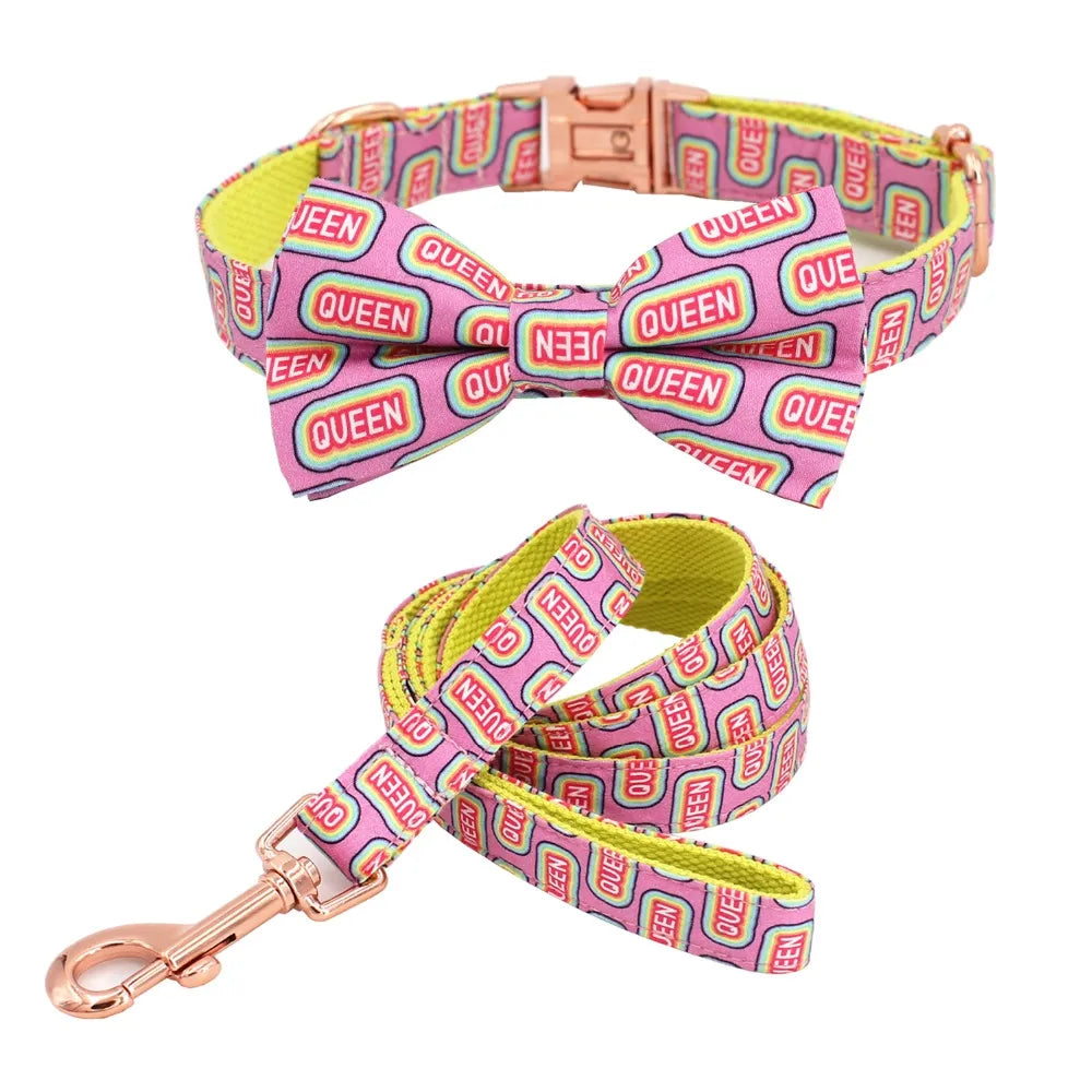 Queen Print Pet Collar and Leash with Bow Tie