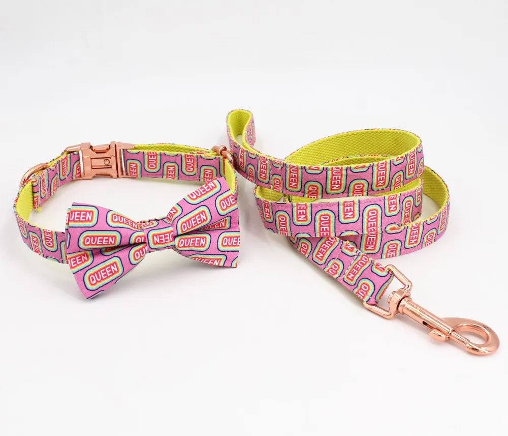 Queen Print Pet Collar and Leash with Bow Tie