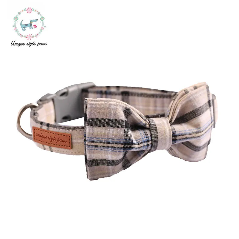 White Plaid Cotton Dog Collar with Bow Tie and Leash Set Plastic Buckle Dog & Cat