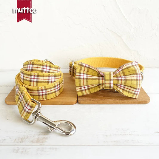 MUTTCO Collection THE LEMON PLAID Bow Tie Collar And Leash Set