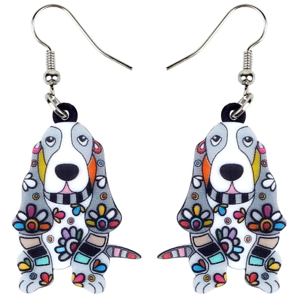 Bonsny Acrylic Floral Cartoon Basset Hound Dog Drop Earrings