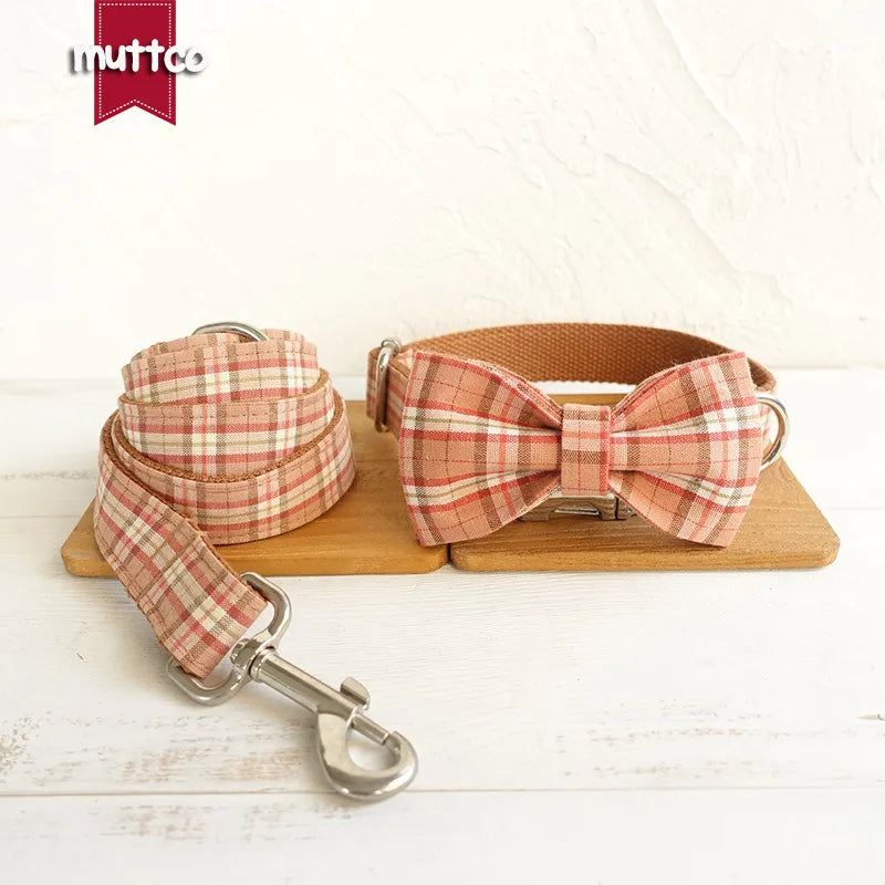 MUTTCO plaid dog collar leash set with Bow Tie