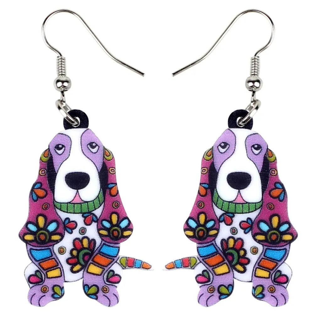 Bonsny Acrylic Floral Cartoon Basset Hound Dog Drop Earrings