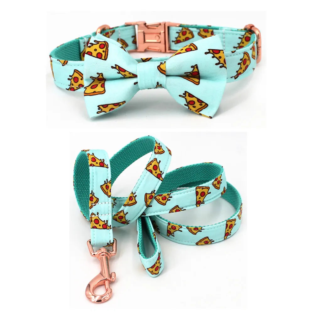 Popular Pizza Pattern Dog Collar and Leash with BowTie