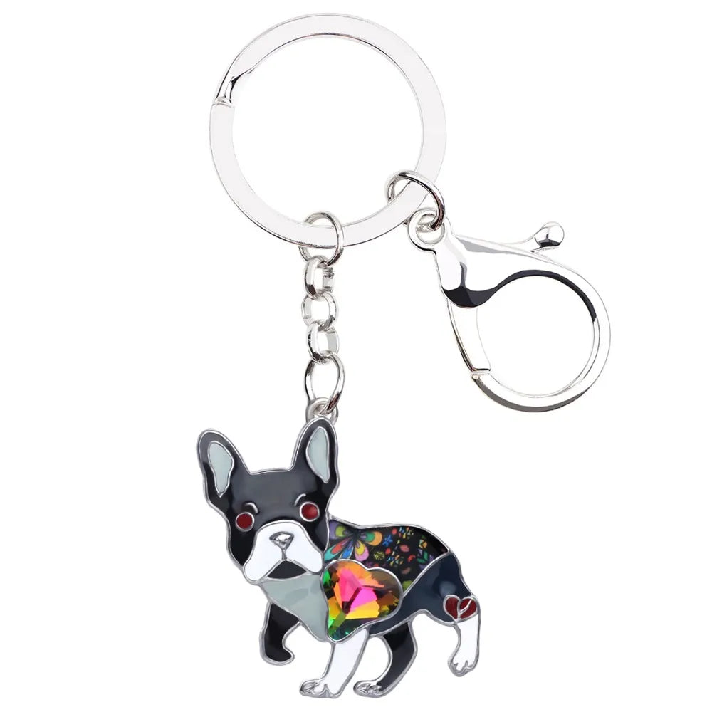 Bonsny Enamel Alloy Rhinestone French Bulldog/Pug Dog Key Chains