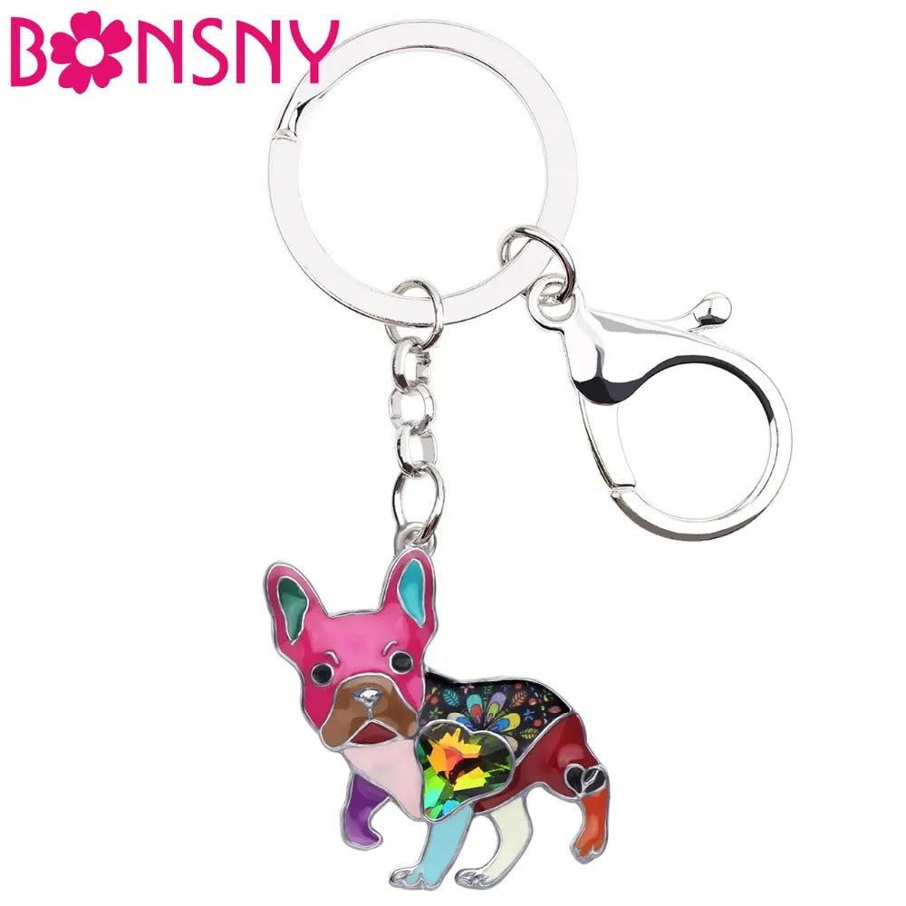 Bonsny Enamel Alloy Rhinestone French Bulldog/Pug Dog Key Chains