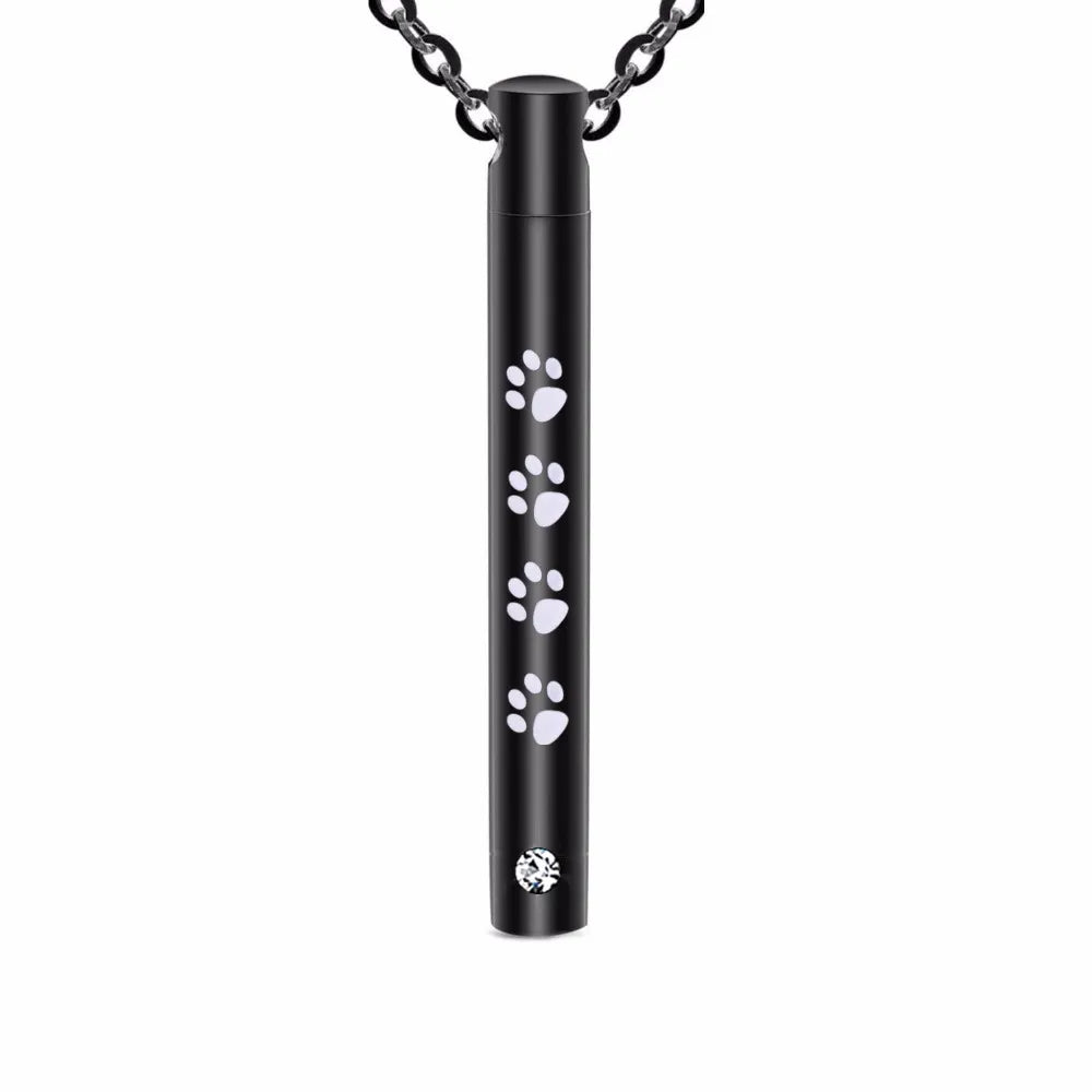 Unisex Stainless Steel Pet Cylinder Crystal Memorial Urn Paw Pendant Necklace