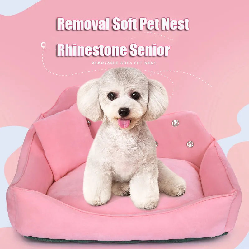 Luxury Dog Sofa Pink/Gray Rhinestone Pet Bed