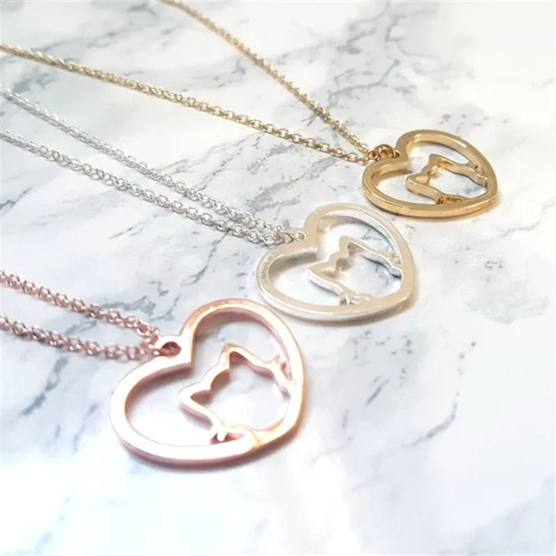 Dainty Cat Love Heart Necklace