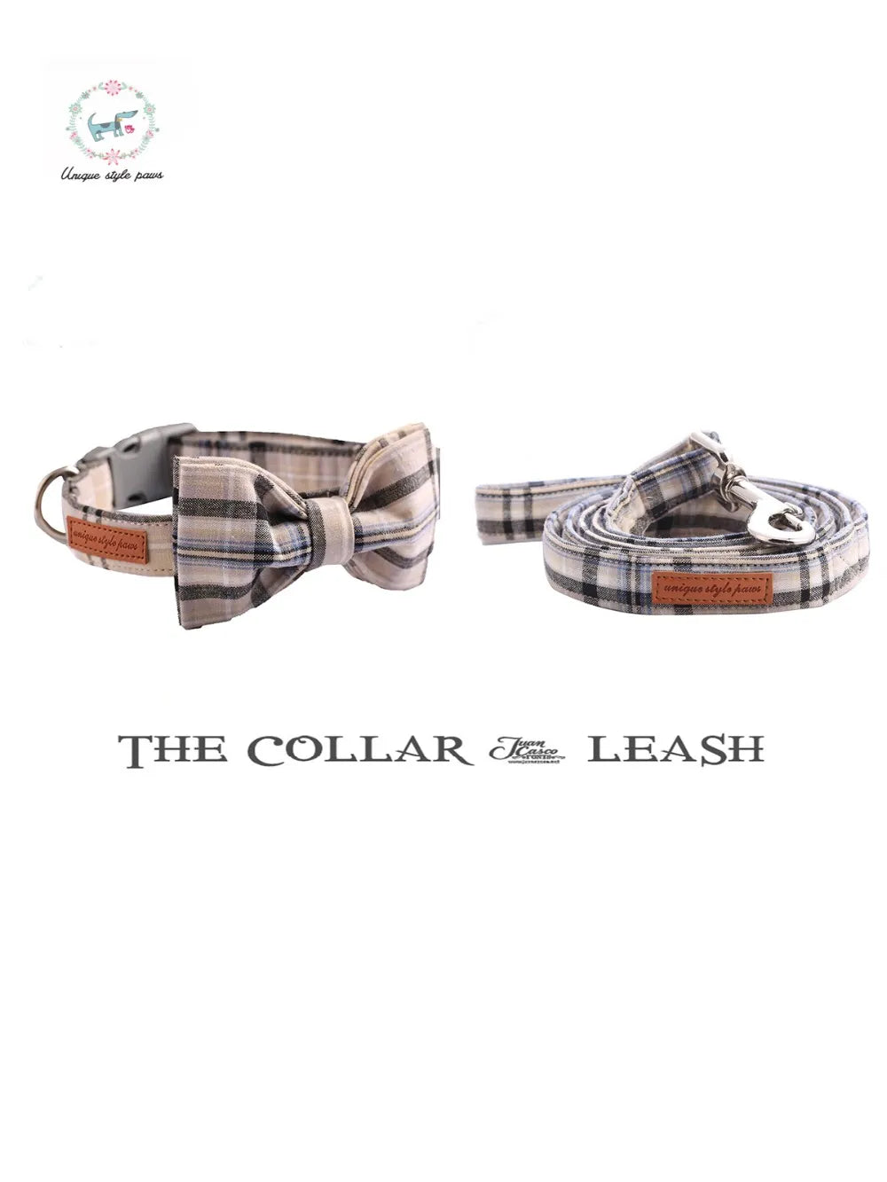 White Plaid Cotton Dog Collar with Bow Tie and Leash Set Plastic Buckle Dog & Cat