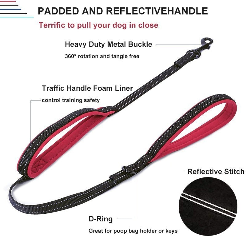 Reflective Padded Dog Leash Two Handle Durable