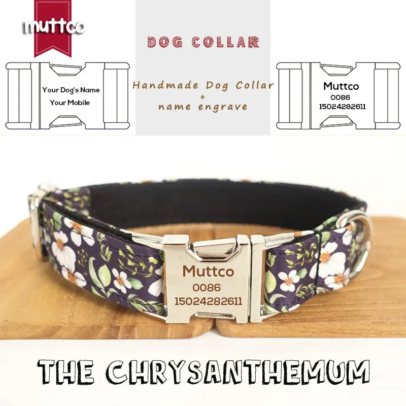 MUTTCO retailing fashion handmade soft  engraved pet name dog collar - THE CHRYSANTHEMUM dog collar