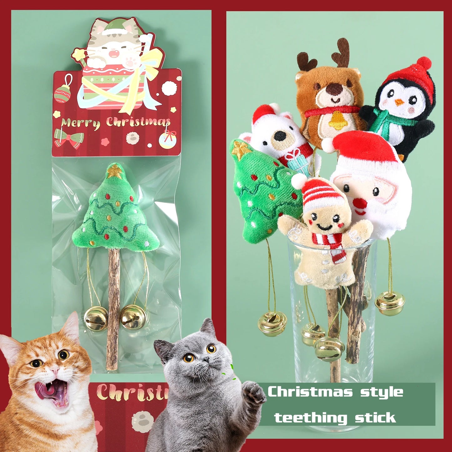 Cat Natural Polygonum Stick Christmas Style with Bell