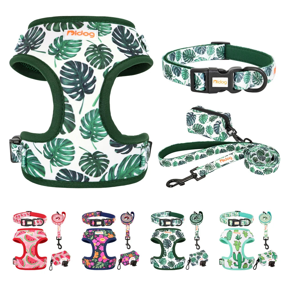 Pet Collar Harness Leash Garbage Bag Set with Playful Printed Design