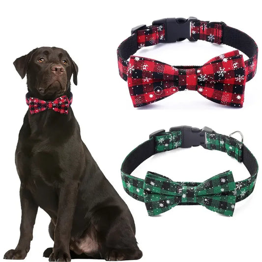 Christmas Plaid Snowflake Dog Collar with Bow Tie