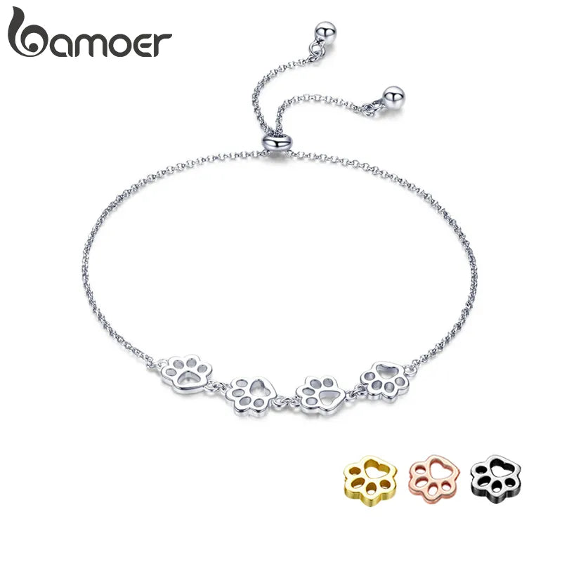 Bamoer Genuine 925 Sterling Silver Cute Pet Footprints Adjustable Chain Bracelet