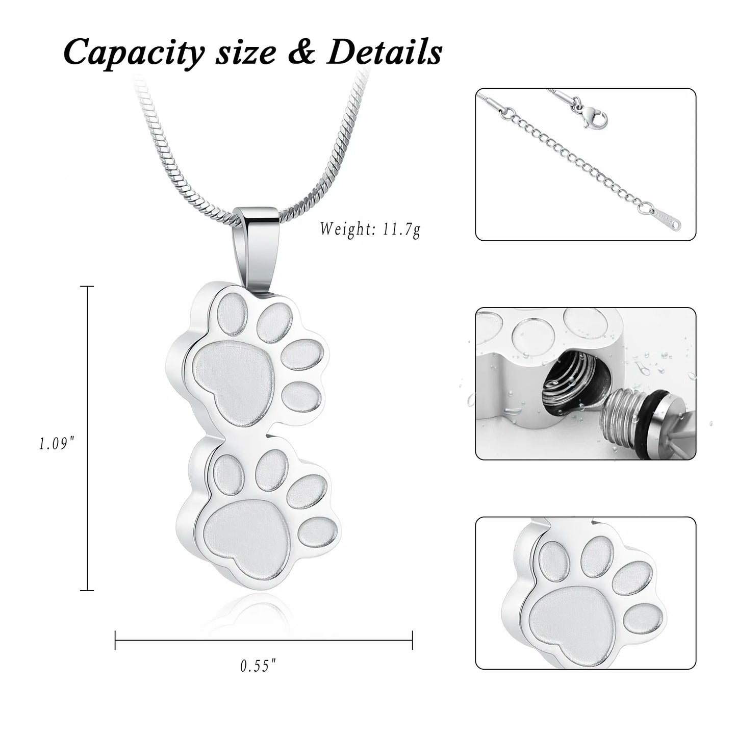 Double Paw Stainless Steel Memorial Urn Necklace For Pet Ashes