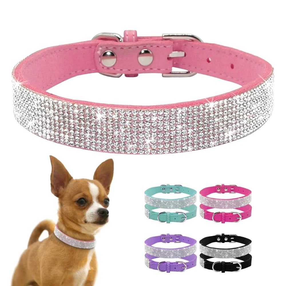Suede Fiber Crystal Dog Collar