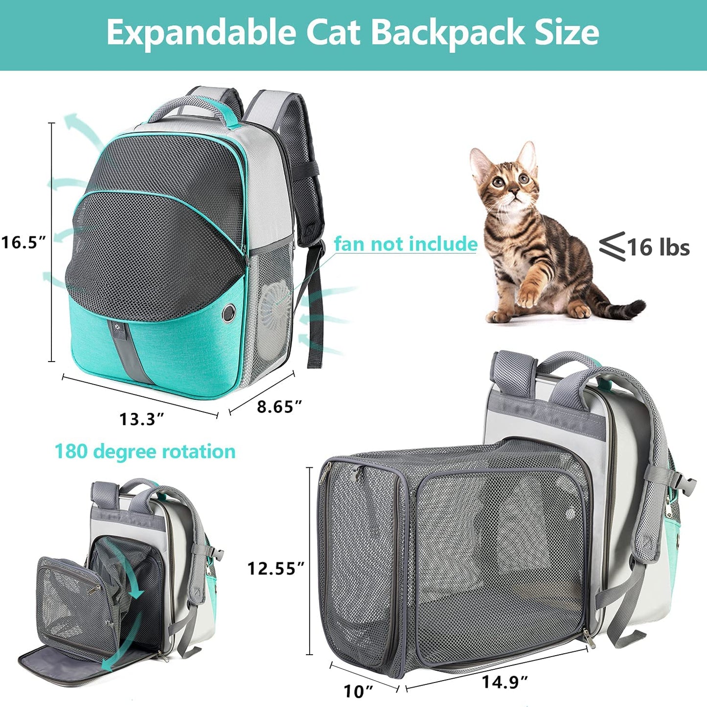 Cat Backpack Expandable - Pet Carrier Backpack - Cat Carrier Backpack Expandable Durable Breathable Mesh, Pet Backpack Carrier for Small Dogs, Escape Proof Leash, up to 16Lbs, Mint