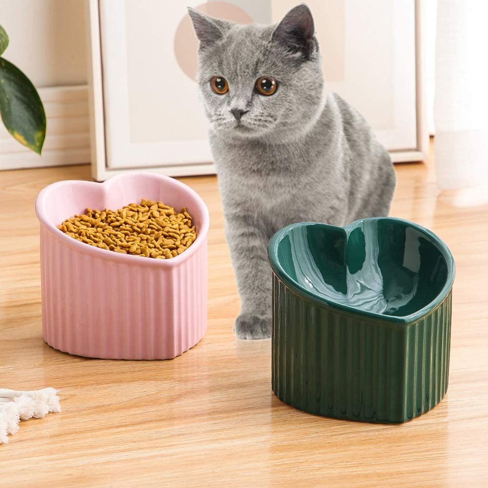 Dark Green Ceramic Raised Cat Bowls, Tilted Elevated Food or Water Bowls , Stress Free, Backflow Prevention, Dishwasher and Microwave Safe, Lead & Cadmium Free