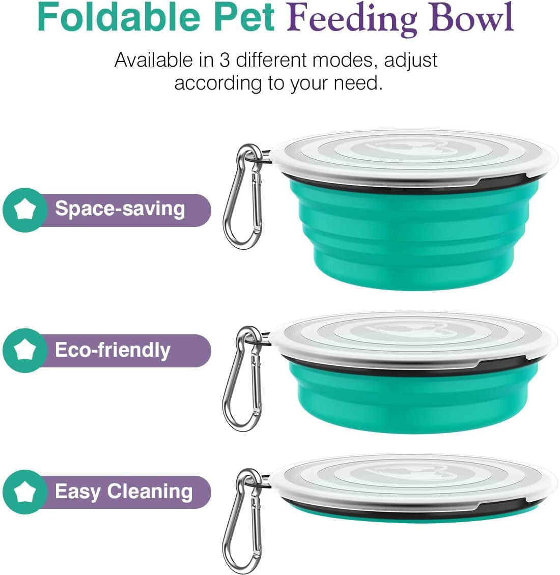 Collapsible Dog Bowls 2 Pack, Silicone Feeding Watering Bowls with Lids & Carabiners for Dogs Cats, Portable Collapsable Water Feeder Food Bowl for Walking Traveling Home Use, Violetturquoise