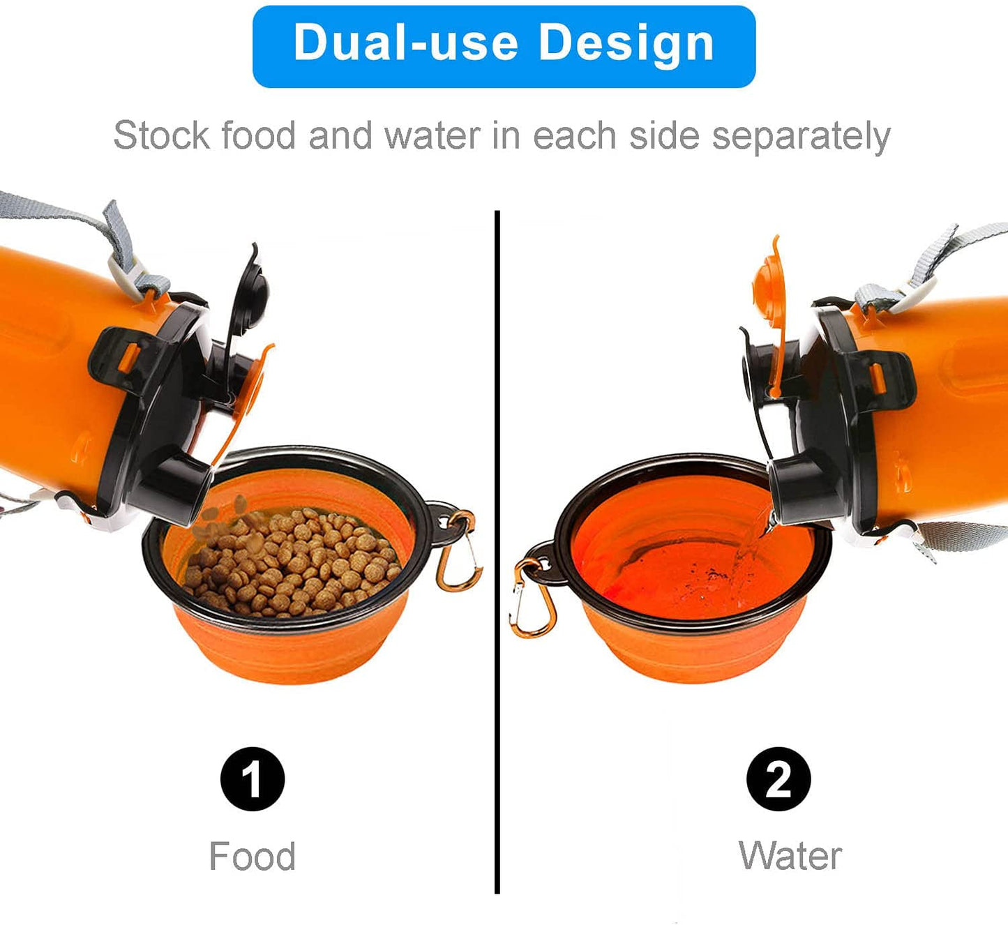 Dog Travel Water Bottle Collapsible Bowls, 2 in 1 Pet Food Container with Collapse Bowls, Outdoor Portable Water Bowls for Walking, Traveling, Camping and Hiking (Orange)