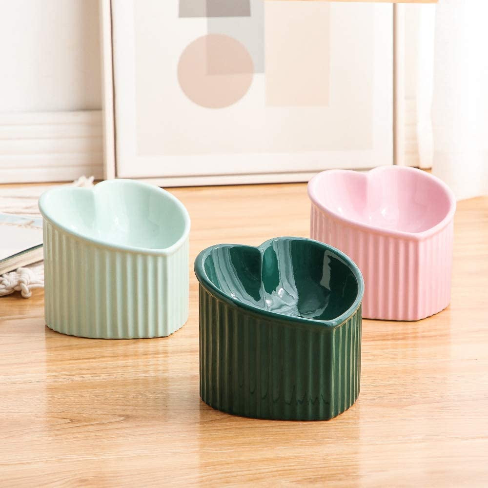 Dark Green Ceramic Raised Cat Bowls, Tilted Elevated Food or Water Bowls , Stress Free, Backflow Prevention, Dishwasher and Microwave Safe, Lead & Cadmium Free