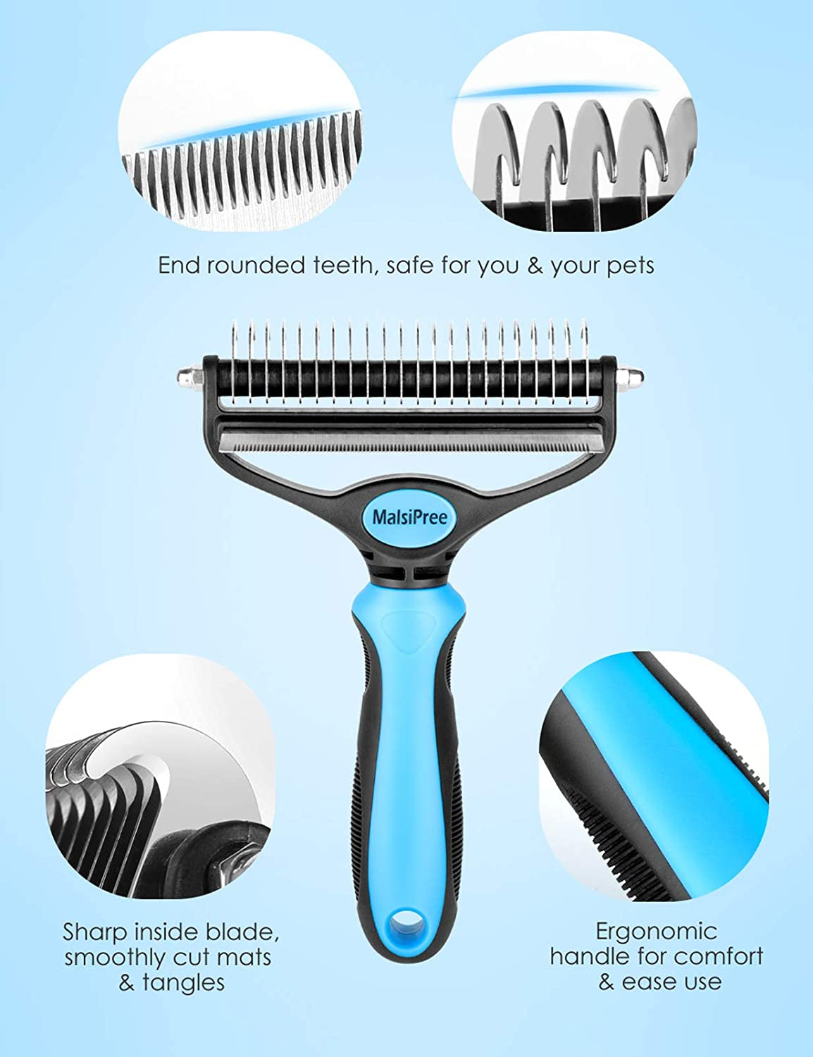 Malsipree Pet Grooming Brush, 2 in 1 Deshedding Tool & Undercoat Rake Dematting Comb for Mats & Tangles Removing, Reduces Shedding up to 95%, Great for Short to Long Hair of Medium Large Dogs