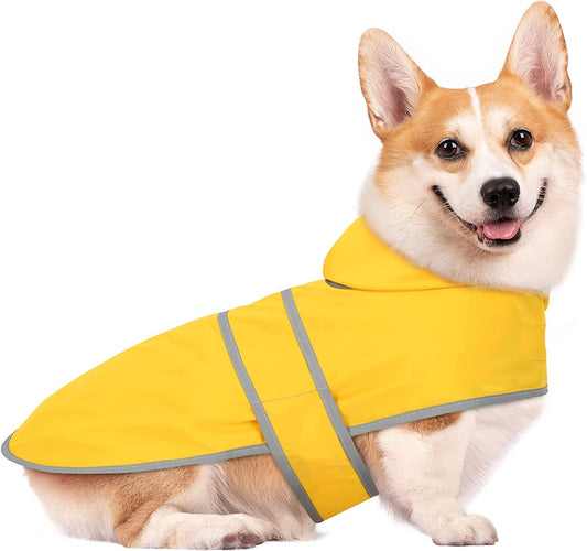 Dog Raincoat with Hood and Leash Hole, Adjustable Belly Strap, Reflective Strips, Lightweight Slicker Poncho 