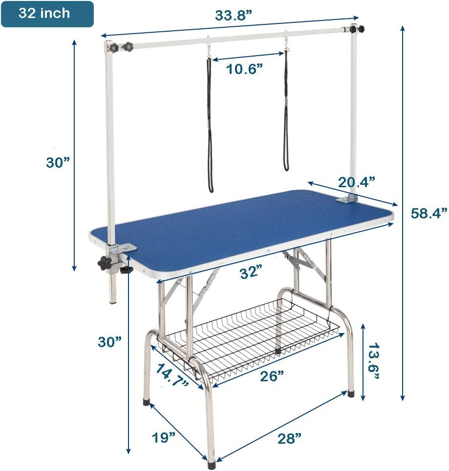 32-Inches Pet Grooming Table, Portable Dog Grooming Table with Arm Noose & Mesh Tray, Adjustable Foldable Pet Groom Table Stand for Dog Cat, Maximum Capacity up to 330 LBS (32In)