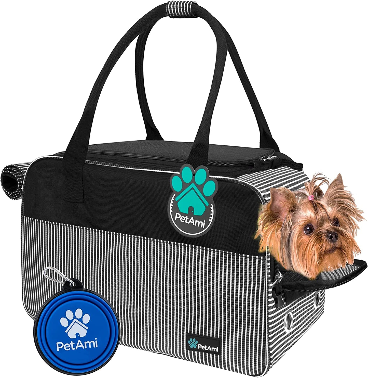 Airline Approved Dog Purse Carrier | Soft-Sided Pet Carrier for Small Dog, Cat, Puppy, Kitten | Portable Stylish Pet Travel Handbag | Ventilated Breathable Mesh, Sherpa Bed (Stripe Black)