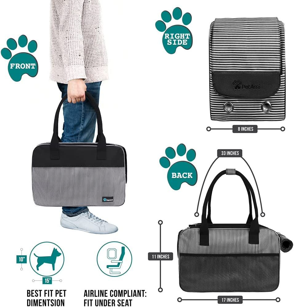 Airline Approved Dog Purse Carrier | Soft-Sided Pet Carrier for Small Dog, Cat, Puppy, Kitten | Portable Stylish Pet Travel Handbag | Ventilated Breathable Mesh, Sherpa Bed (Stripe Black)