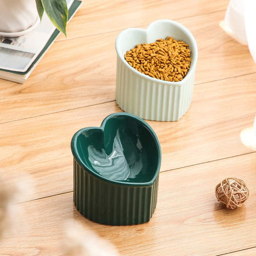 Dark Green Ceramic Raised Cat Bowls, Tilted Elevated Food or Water Bowls , Stress Free, Backflow Prevention, Dishwasher and Microwave Safe, Lead & Cadmium Free