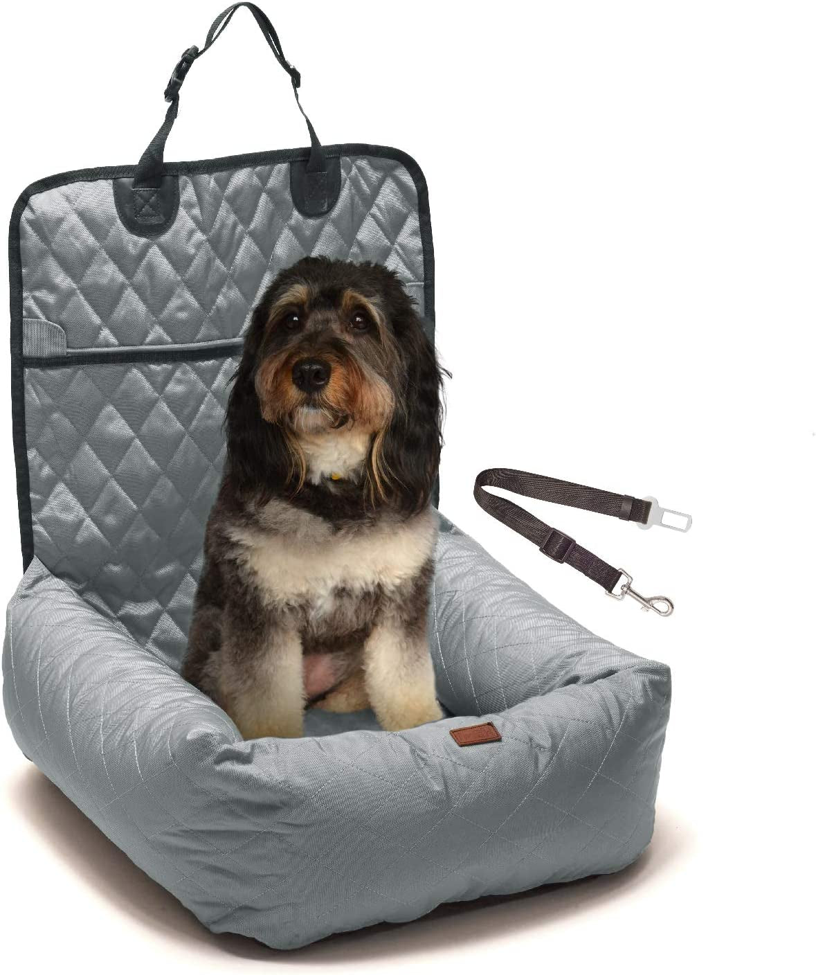 Dog Car Booster Seat - Luxurious 2-In-1 Dog Carseat & Comfy Indoor Lounge Bed for Dogs & Cats - Easy to Install Water Resistant Pet Booster Seat for Car with Pet Seat Belt Leash (Grey)