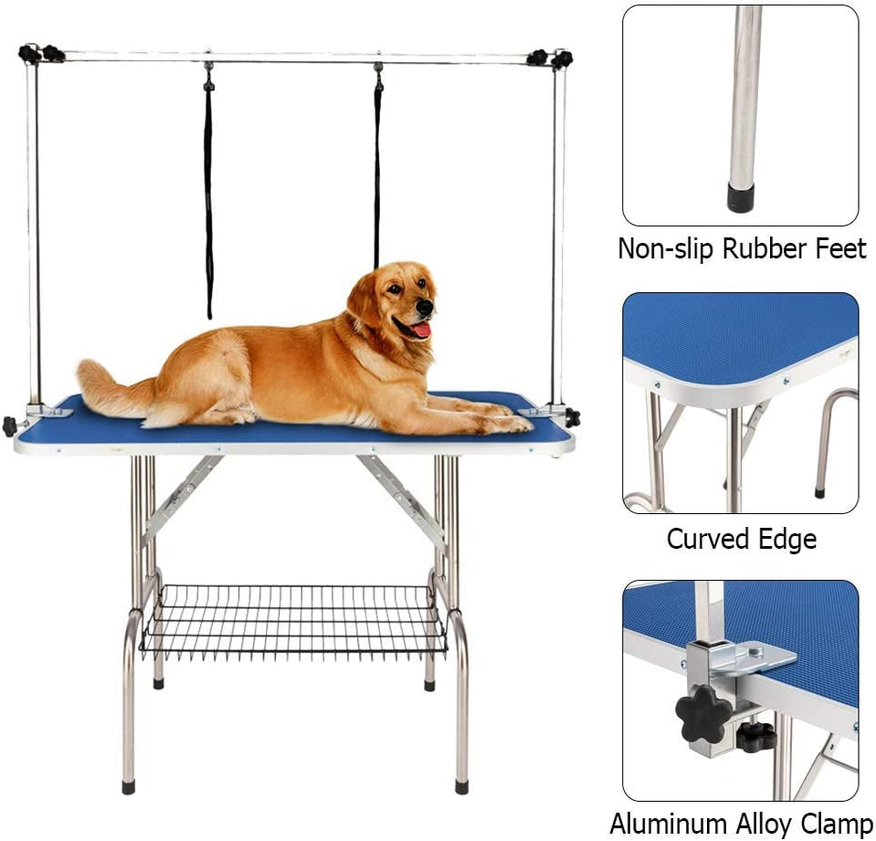 32-Inches Pet Grooming Table, Portable Dog Grooming Table with Arm Noose & Mesh Tray, Adjustable Foldable Pet Groom Table Stand for Dog Cat, Maximum Capacity up to 330 LBS (32In)