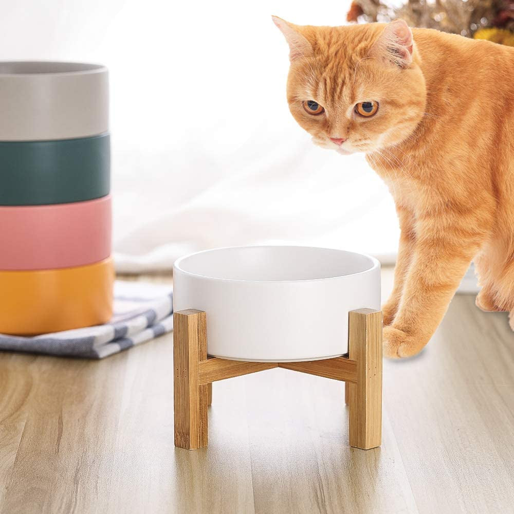 White Ceramic Elevated Raised Cat Bowls ,Cat Food Dish with Stand, Raised Cat Food or Water Bowls anti Vomiting,Pet Bowl with anti Slip Rubber Pad,Stress Free for Cats and Small Dogs（400Ml/13.5Oz