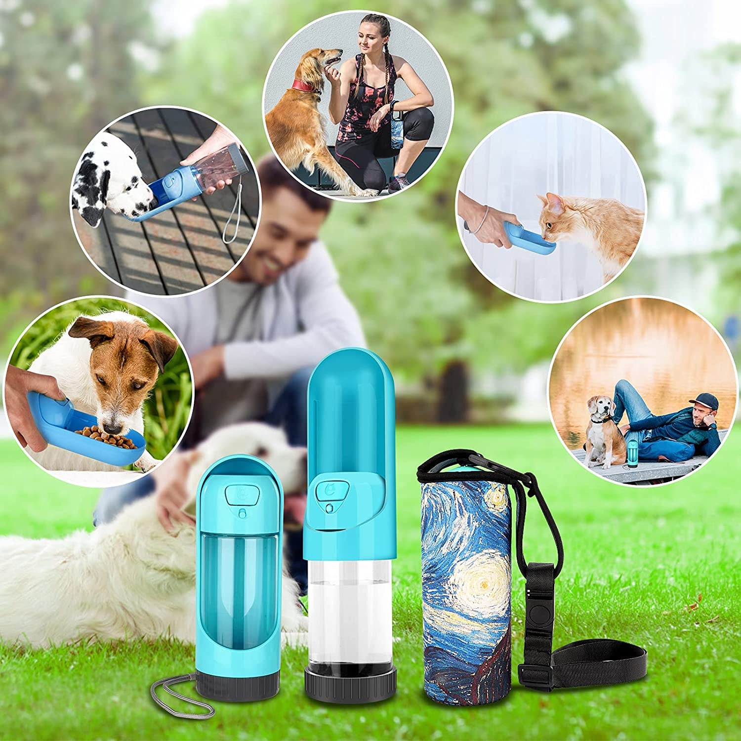 Dog Cat Travel Water Bottle: Portable Leak-Proof Dog Water Dispenser, Suitable for Kitty and Puppy Outdoor Walking, Hiking and Traveling (Green with Bottle Holder)