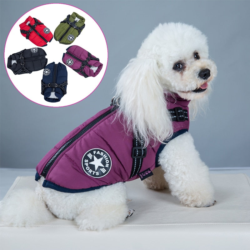 Waterproof warm winter pet vest harness with D ring leash attachment, red, green, purple, black, navy blue.