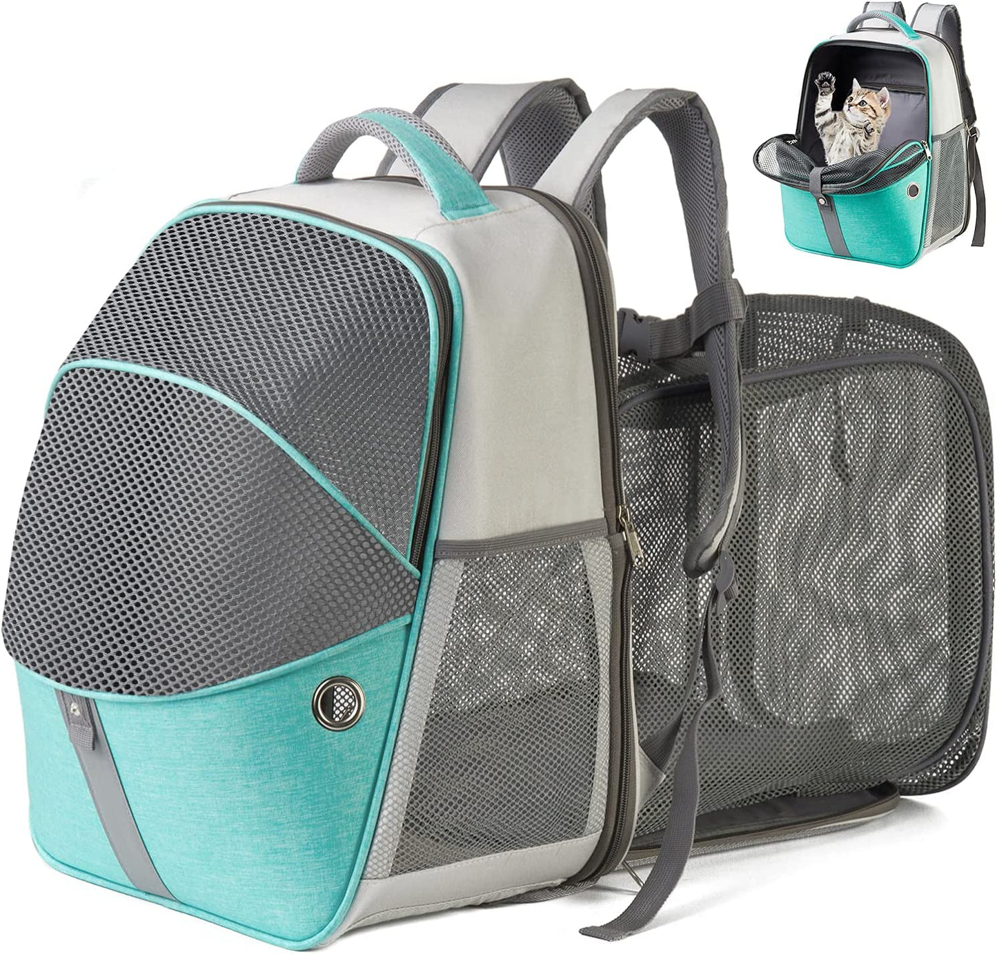 Cat Backpack Expandable - Pet Carrier Backpack - Cat Carrier Backpack Expandable Durable Breathable Mesh, Pet Backpack Carrier for Small Dogs, Escape Proof Leash, up to 16Lbs, Mint