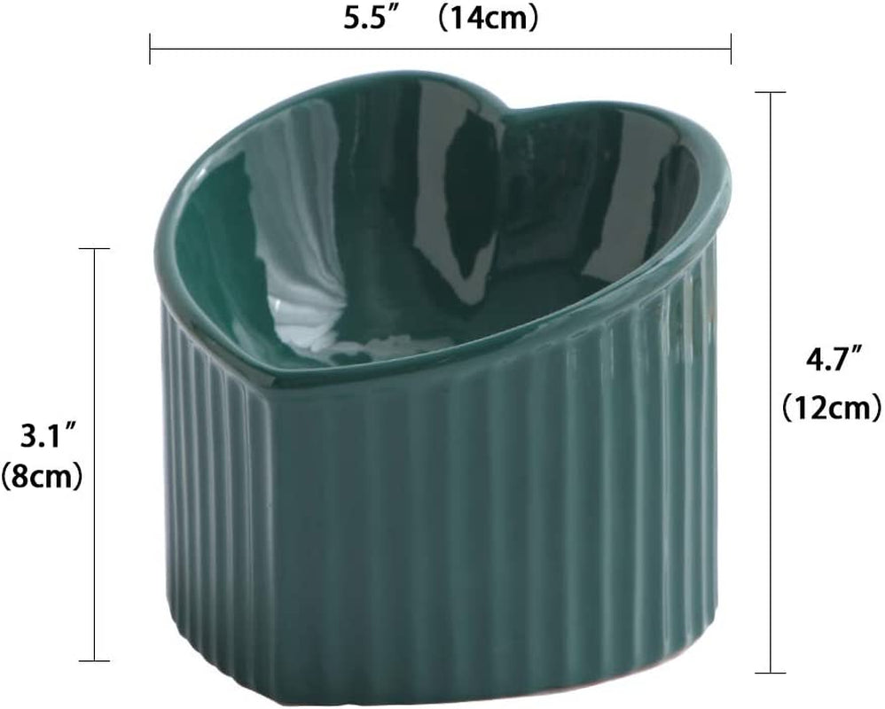 Dark Green Ceramic Raised Cat Bowls, Tilted Elevated Food or Water Bowls , Stress Free, Backflow Prevention, Dishwasher and Microwave Safe, Lead & Cadmium Free