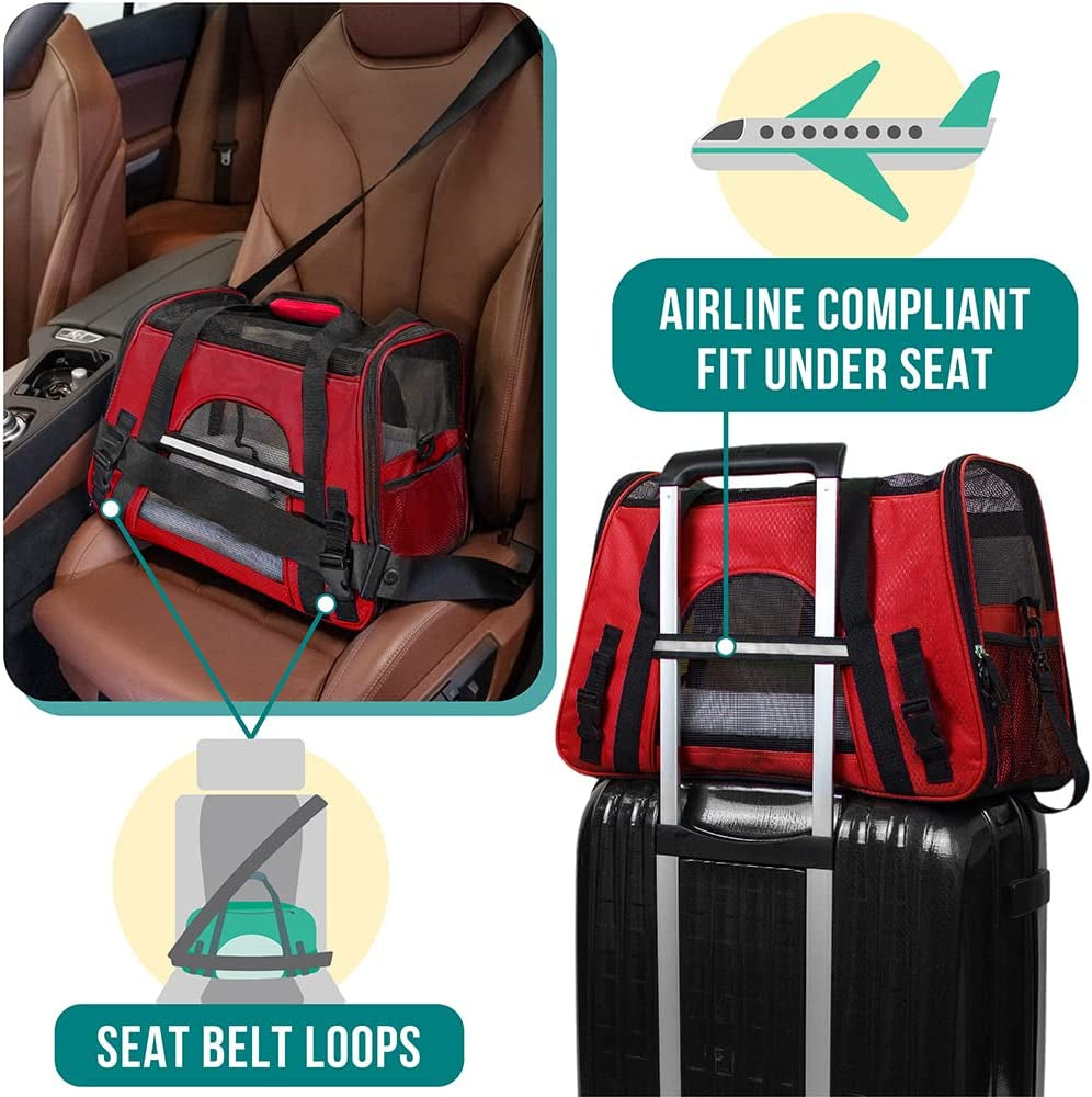 Premium Airline Approved Soft-Sided Pet Travel Carrier | Ideal for Small - Medium Sized Cats, Dogs, and Pets | Ventilated, Comfortable Design with Safety Features (Small, Red)