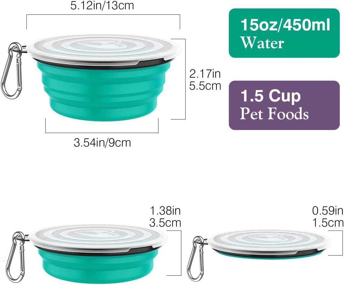 Collapsible Dog Bowls 2 Pack, Silicone Feeding Watering Bowls with Lids & Carabiners for Dogs Cats, Portable Collapsable Water Feeder Food Bowl for Walking Traveling Home Use, Violetturquoise