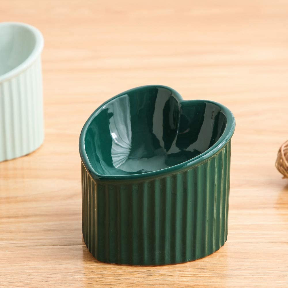 Dark Green Ceramic Raised Cat Bowls, Tilted Elevated Food or Water Bowls , Stress Free, Backflow Prevention, Dishwasher and Microwave Safe, Lead & Cadmium Free