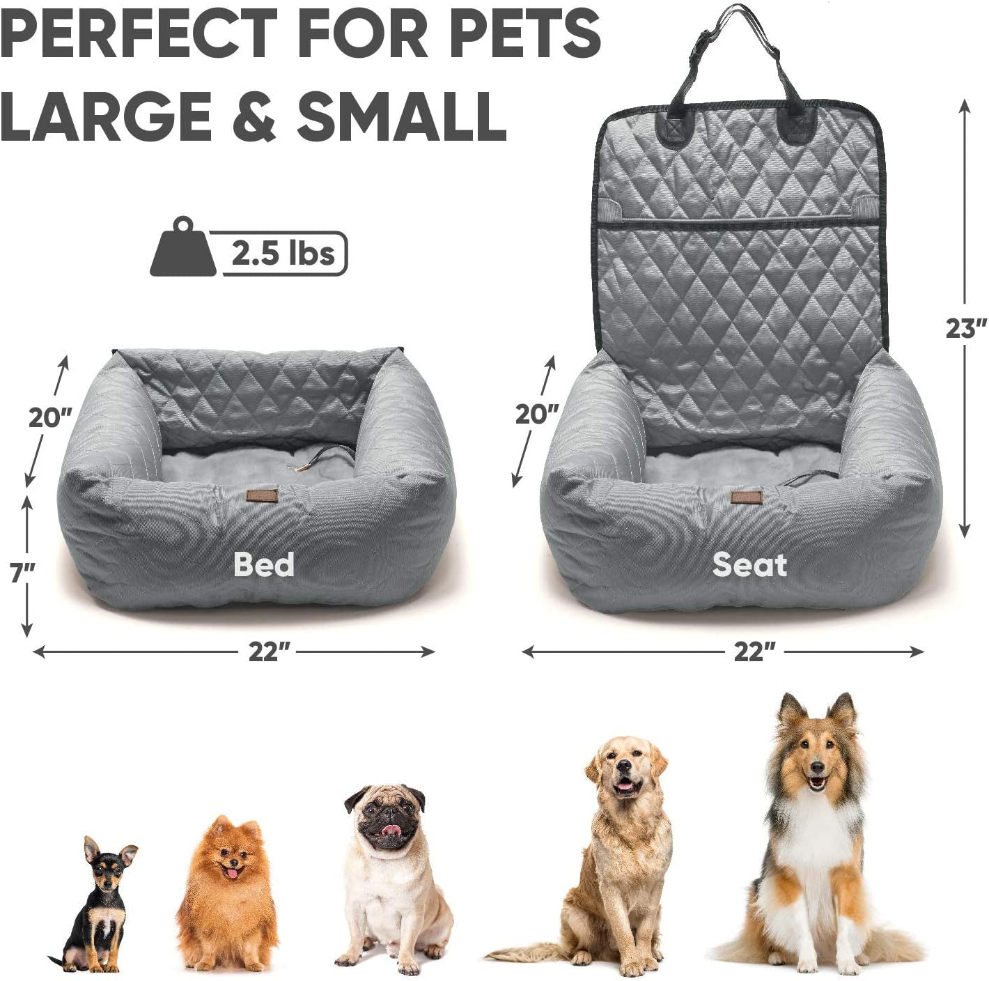 Dog Car Booster Seat - Luxurious 2-In-1 Dog Carseat & Comfy Indoor Lounge Bed for Dogs & Cats - Easy to Install Water Resistant Pet Booster Seat for Car with Pet Seat Belt Leash (Grey)