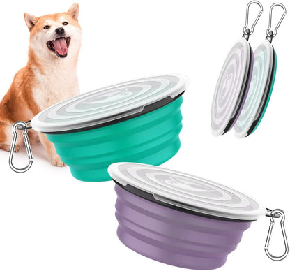 Collapsible Dog Bowls 2 Pack, Silicone Feeding Watering Bowls with Lids & Carabiners for Dogs Cats, Portable Collapsable Water Feeder Food Bowl for Walking Traveling Home Use, Violetturquoise